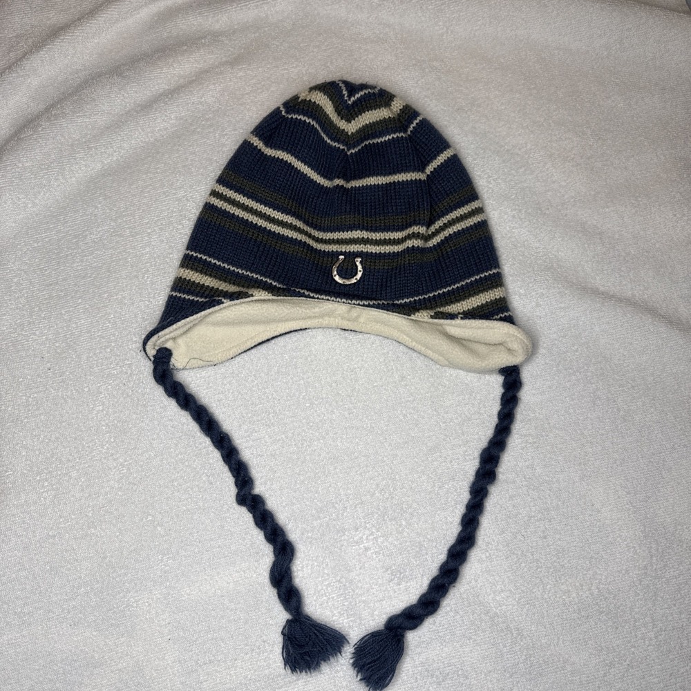 Colts Earflap Trapper Knit Beanie Hat Navy Striped Fleece Lined Tassel Ties